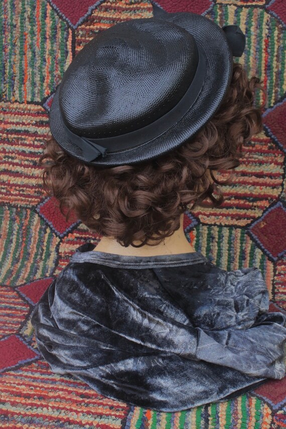 Vintage Black Straw Sailor Hat with Grosgrain Rib… - image 6