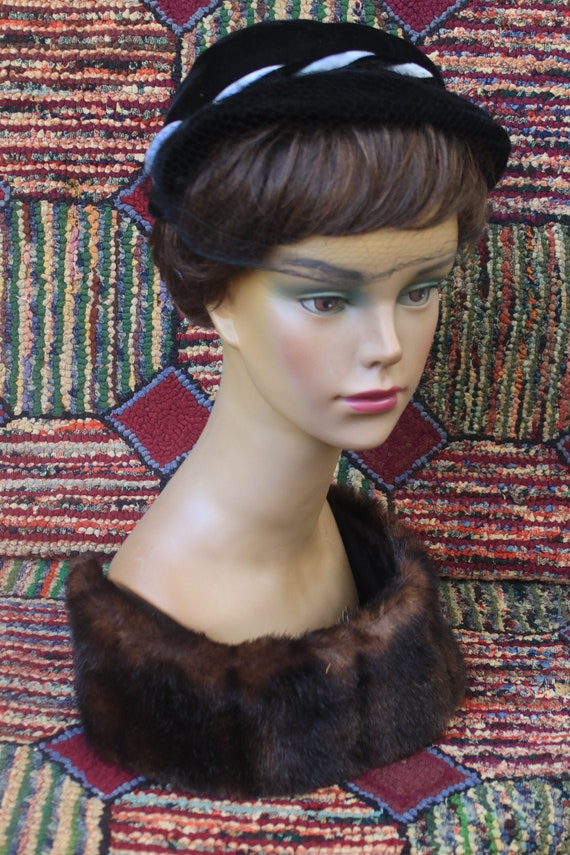 Vintage Black Velvet Cocktail Hat with Blue Velvet