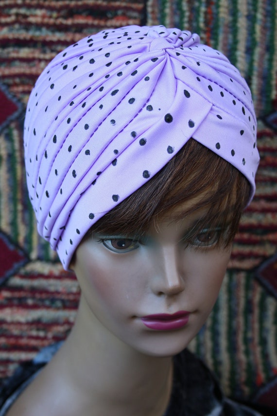 Vintage Handpainted Purple Turban with Polka Dots