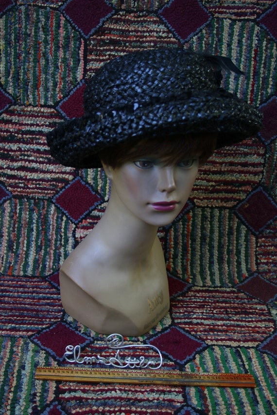 Vintage Black Raffia Boater Hat with Sequin Trim