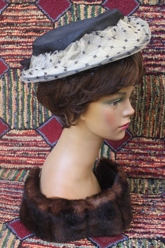 Vintage Black Boater Hat with Cream Tulle and Fren