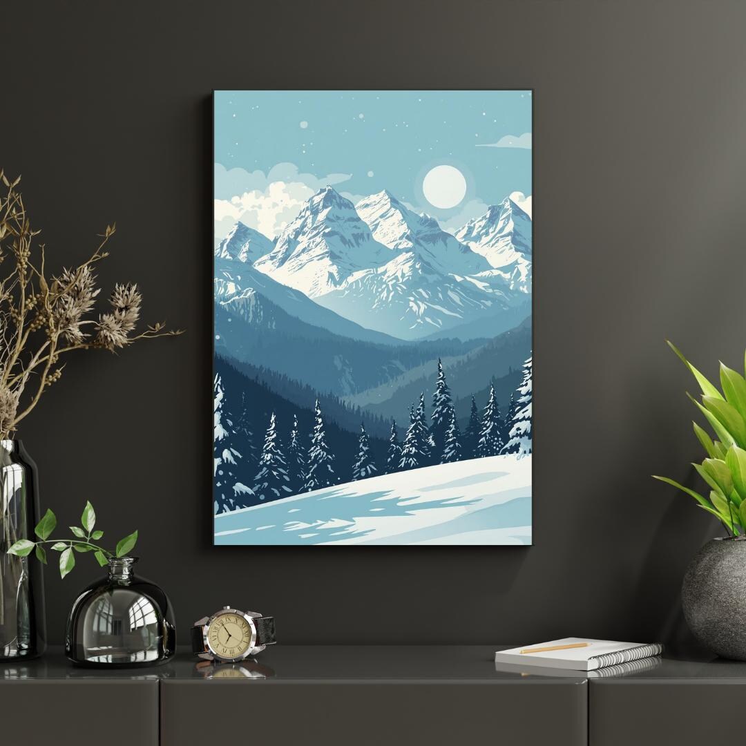 Snowy Mountain Landscape Poster | Winter Pines Matte Vertical Print - Etsy