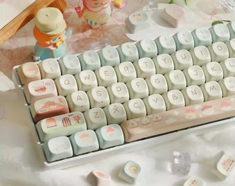 Cute Milk Bean Themed Keycap Set for Mechanical Keyboard, Custom Keycap Set, Pastel Keycap Set, PBT Dye-Sub, MX Switch, Cherry MOA profile