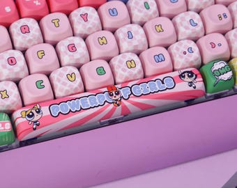 Cute PowerPuff Girls Themed Keycap Set for Mechanical Keyboard, Cartoon Keycap Set, Lovely Pink Keycap Set, Colorful Keycap Set, Custom Key