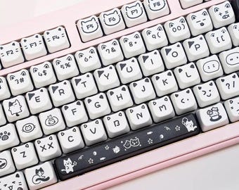 Cute Line Cat Themed Keycap Set for Mechanical Keyboard, 131 pcs MOA Profil, Custom Keycap Set, Artisan Keycap Set, Black & White Keycap Set