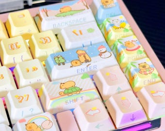 Cute Kawaii Bear Keycap Set for Mechanical Keyboard, RGB Backlit Custom Keyboard, Pastel Aesthetic Keycaps, Cartoon Animal Desk Setup