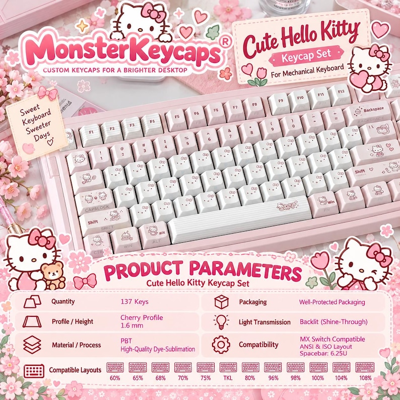 Cute Hello Kitty Sanrio Themed Keycap Set for Mechanical Keyboard ...