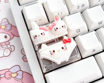 Cute Cat Hello Kitty Bow Artisan Keycap Set, Kawaii Pink Kitty Keycap, Transparent Mechanical Keyboard Keycap, Custom Anime Aesthetic Keycap