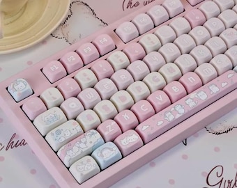 Cute Pink Rocker Cat Themed Keycap Set for Mechanical Keyboard, Kawaii Keycap Set, Custom Keycap Set, MOA Profile, PBT Dye-Sub, Anime Keycap