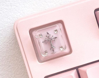 Luxury Pink Cross Crystal Keycap – Transparent Backlit Artisan Keycap, Cute Aesthetic Custom Keycap, MX Switch Compatible, ESC Keycap