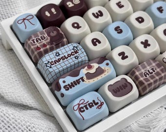 Cute Brown Blue Kawaii Keycap Set for Mechanical Keyboard, Pastel Dessert Bear Theme Keycaps, Custom PBT Keycaps, MX Switch Compatible