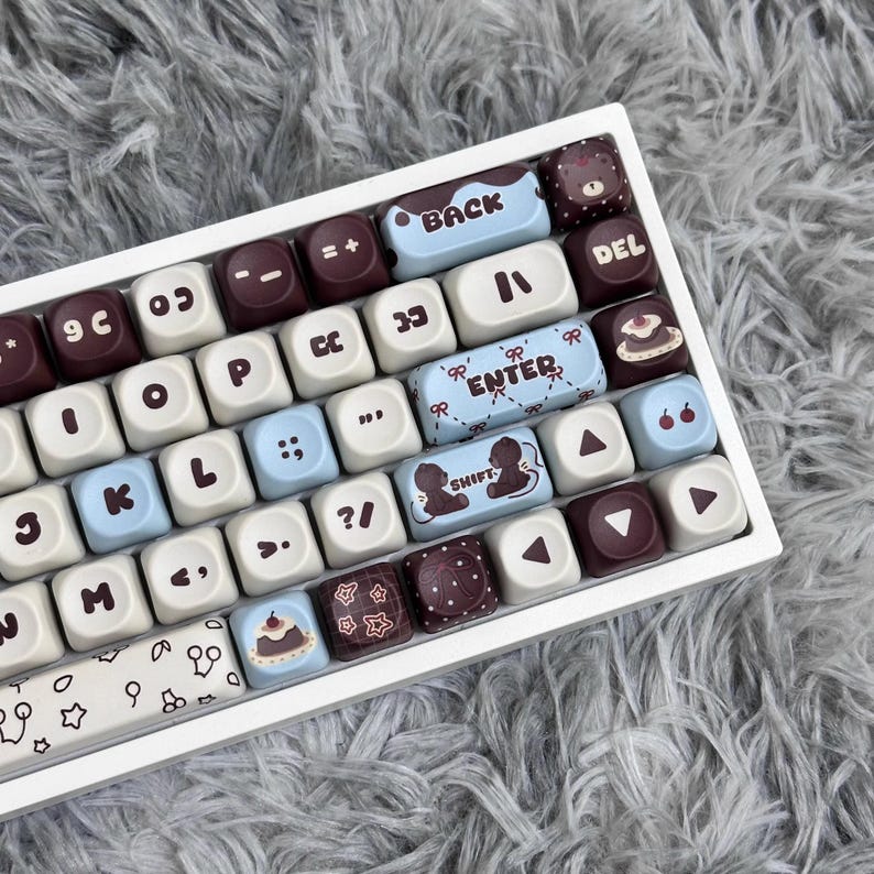 Cute Brown Blue Kawaii Keycap Set for Mechanical Keyboard, Pastel ...