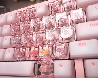 Joli ensemble de capuchons de touches chat rose transparent - Capuchons de clavier mécaniques rétroéclairés kawaii, capuchons de touches transparents PBT personnalisés, compatible avec le commutateur MX