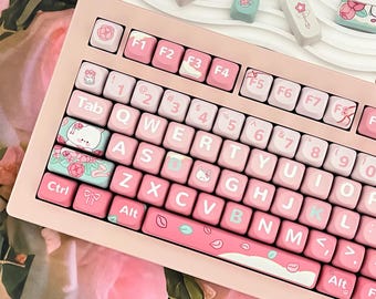 Cute Rose Bunny Themed Keycap Set for Mechanical Keyboard, Girl Keycaps, Pink Keycap Set, Lovely Keycap Set, MOA Profile, PBT Dye-Sub
