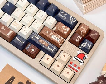 Vintage Mechanical Engineering Keycap Set, Retro Tech Keycaps, Brown Blue Custom Keyboard Keycaps, Cherry Profile PBT Dye-Sub, MX Switch