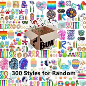 Puede incluir: Una colección de coloridos juguetes fidget de varias formas, incluyendo corazones, animales y formas geométricas. Una caja de cartón con un signo de interrogación y el texto "BOX" está en el centro. El texto "300 Styles for Random" está en la parte inferior.