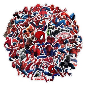 May include: A collection of Spider-Man stickers in various poses. The stickers feature the superhero in his classic red and blue suit, with some in black. The stickers are of different sizes and shapes, with some featuring text.