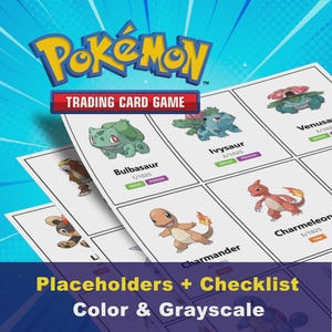 Peut inclure: Une liste de contrôle du jeu de cartes à collectionner Pokémon avec des cartes blanches illustrant Bulbizarre, Herbizarre, Florizarre, Salamèche et Reptincel. Les cartes affichent des noms, numéros et types comme Plante, Poison et Feu.