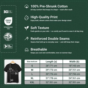 May include: Black t-shirt with a cat graphic. The image includes a size chart with measurements in inches and centimeters. Features include 100% pre-shrunk cotton, high-quality print, soft texture, reinforced double seams, and breathability.