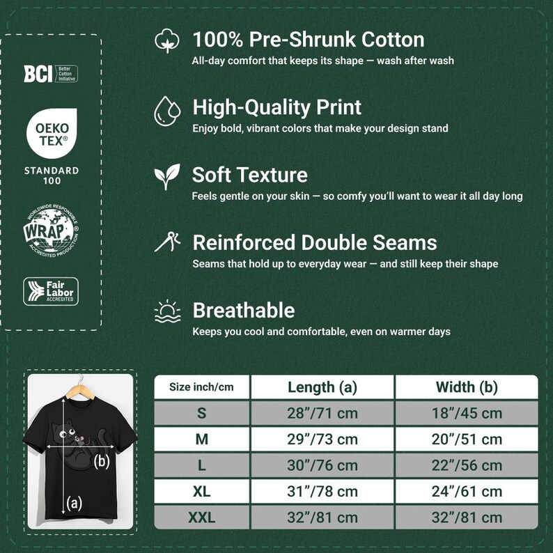 May include: Black t-shirt with a cat graphic. The image includes a size chart with measurements in inches and centimeters. Features include 100% pre-shrunk cotton, high-quality print, soft texture, reinforced double seams, and breathability.