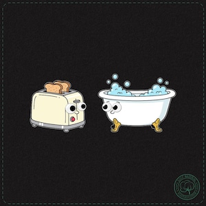 Può includere: Un'illustrazione stravagante su sfondo nero con bordo cucito. Raffigura un tostapane sorpreso con toast e una vasca da bagno con bolle, entrambi con occhi ed espressioni da cartone animato.