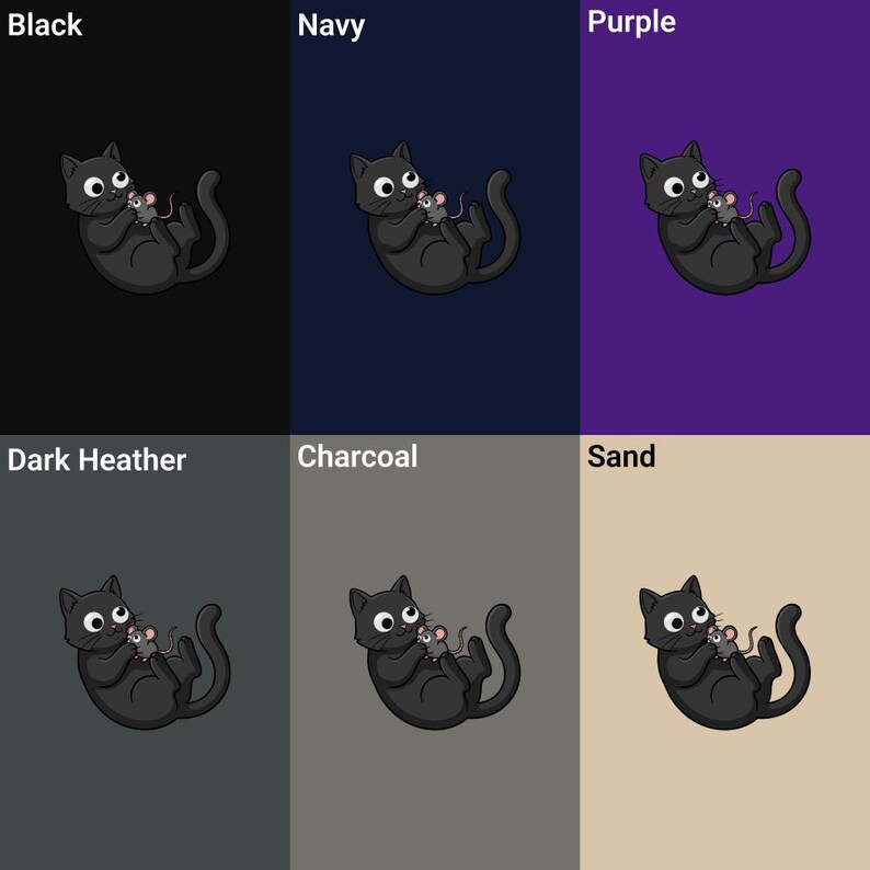May include: A graphic featuring a black cat holding a mouse, presented against backgrounds of black, navy, purple, dark heather, charcoal, and sand. The cat has large eyes and a playful pose, with the mouse in its paws.