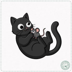 May include: A cartoon illustration of a black cat lying on its back, holding a small gray mouse. The cat has large, wide eyes and a smiling expression. The mouse has pink ears and a long tail. The image is set against a white background.