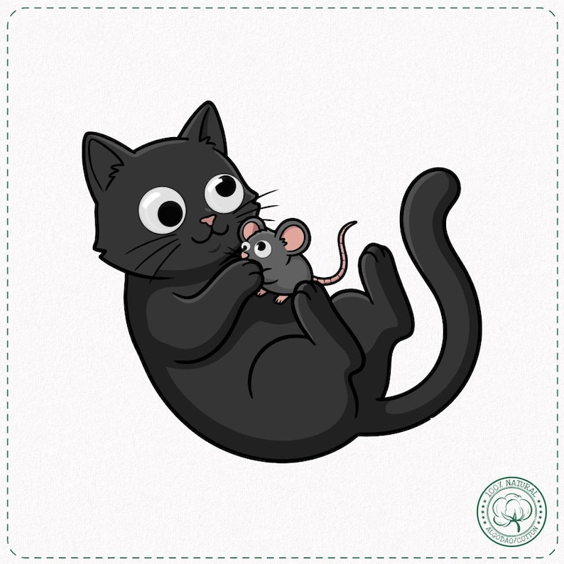 May include: A cartoon illustration of a black cat lying on its back, holding a small gray mouse. The cat has large, wide eyes and a smiling expression. The mouse has pink ears and a long tail. The image is set against a white background.