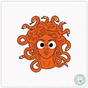 May include: Orange illustration of Medusa with snake hair and large eyes. The artwork features a minimalist style with a white background and a circular cotton logo in the bottom right corner. The image is a cartoon-style drawing.