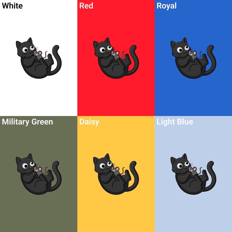 May include: A cartoon illustration of a black cat holding a gray mouse, set against various solid color backgrounds: white, red, royal blue, military green, daisy yellow, and light blue. The cat has large, round eyes and a playful pose.