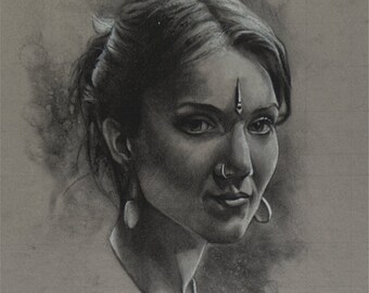 Charcoal Portrait Study - l'artista Naomi Meyro 8.5""x11" Disegno originale