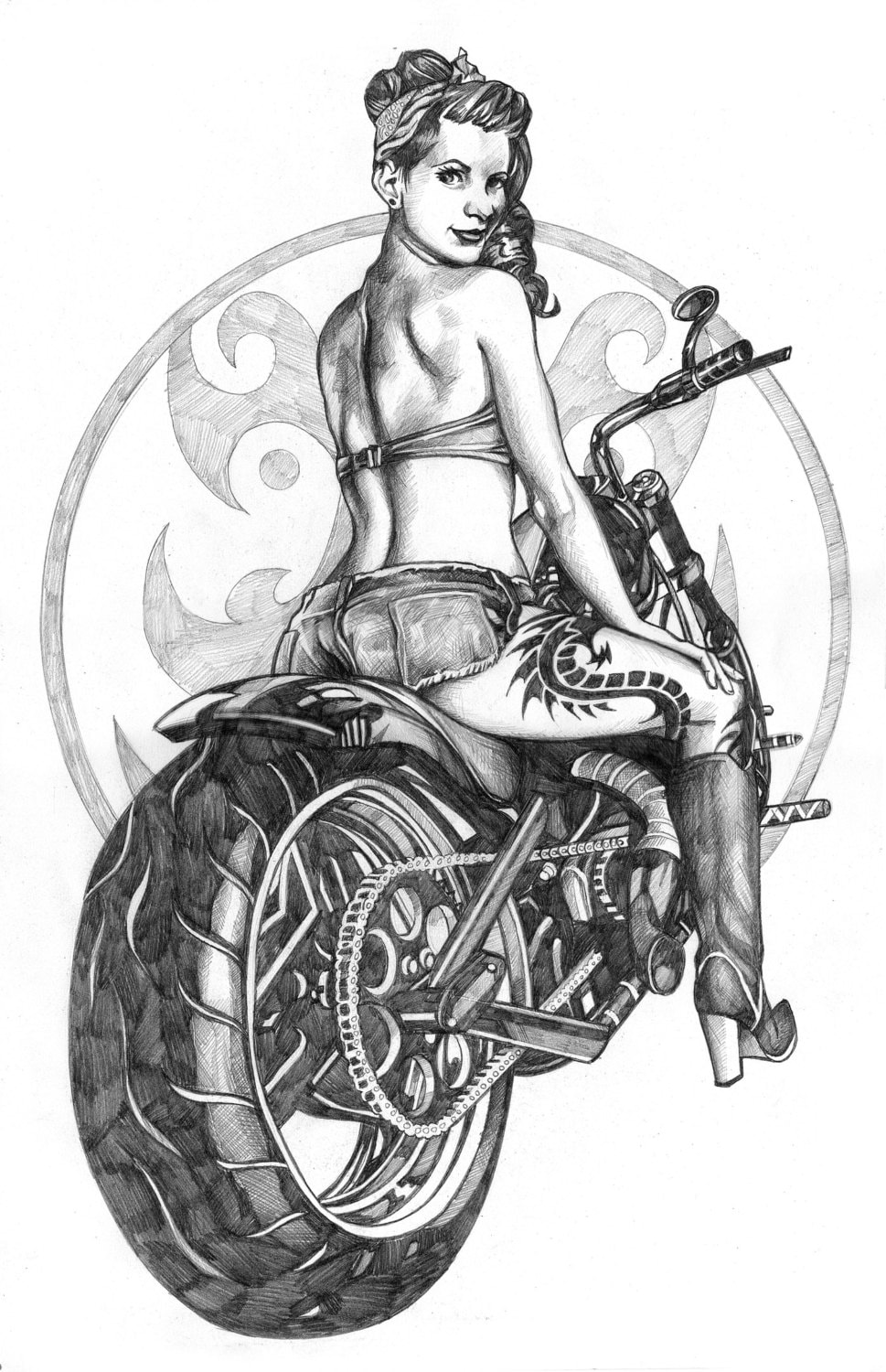 Retro Motorcycle Pinup Girl Original Drawing