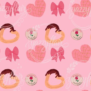 May include: A repeating pattern on a pink background features pink bows, heart-shaped conchas, and heart-shaped churros with chocolate topping. Small circular logos with a rose and text are also included.