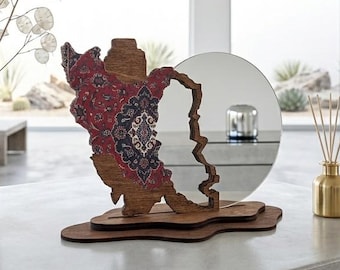 Handmade Iran Map Mirror | Persian Carpet Design Wood Base, Vanity Decor