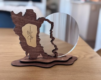 Wooden Iran Map Mirror with Persian Calligraphy | Handmade Cultural Decor