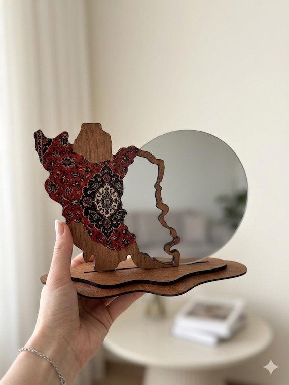 Handmade Iran Map Mirror | Persian Carpet Design Wood Base, Vanity Decor