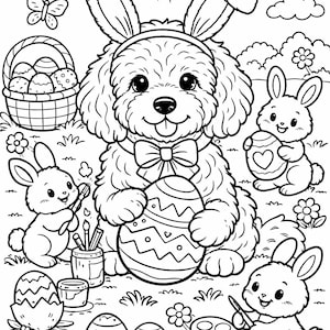 May include: Black and white illustration of a dog wearing bunny ears, holding a decorated Easter egg. Bunnies paint eggs and a basket of eggs is nearby. A smiling sun and butterfly are in the background. Easter coloring page.