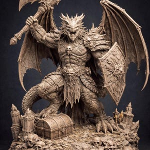 May include: A detailed figurine of a dragon warrior, holding a flaming axe and shield. The dragon is posed on a base with a treasure chest, skulls, and coins. The sculpture is in shades of brown.