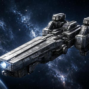 Op de afbeelding: Gedetailleerde illustratie van een futuristisch ruimteschip in de ruimte. Het metaalgrijze schip heeft een lange, rechthoekige romp met meerdere hoekige structuren en blauwe lichten. De achtergrond toont een nevel en planeten.