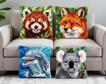 Wild Animal Latch Hook Cushion Kit Panda Fox Dolphin Koala Adult DIY Rug Craft