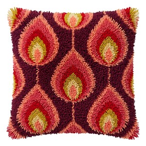 May include: A square throw pillow featuring a shaggy, tufted texture with a repeating teardrop or flame-like pattern. The design incorporates deep plum, vibrant pink, coral, and chartreuse green colors arranged in a symmetrical layout.
