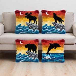 Wildlife Silhouette Latch Hook Kit Adult Bear Wolf Moose Dolphin Pillow Yarn Craft