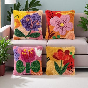 Kit d'oreillers à crochets floraux abstraits tulipes vibrantes - Projet d'artisanat adapté aux débutants