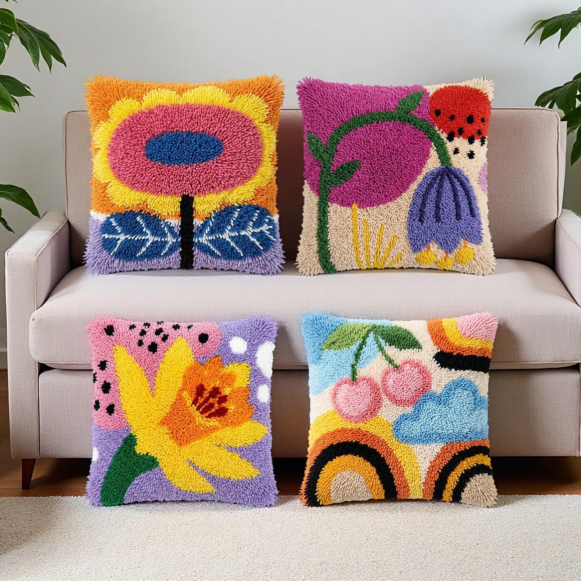 40 DIY Yarn Crafts For Kids 7 Pop Floral Latch Hook Pillow Kit Flower Blossom Rainbow Cherry…