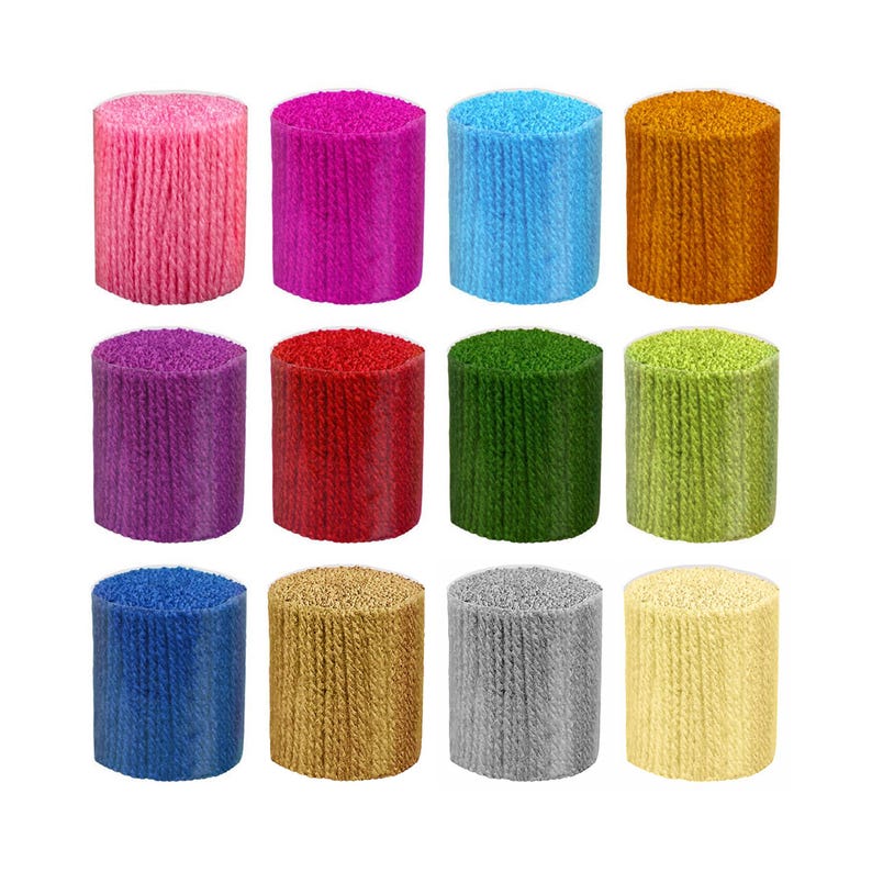 May include: A collection of twelve cylindrical spools of yarn arranged in a grid, featuring a variety of solid colors including pink, magenta, light blue, orange, purple, red, dark green, lime green, royal blue, gold, silver, and cream.