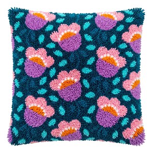 May include: A square throw pillow featuring a textured punch needle design. The surface displays a repeating floral pattern with purple and pink petals, bright orange centers, and small teal leaves against a deep dark teal background.