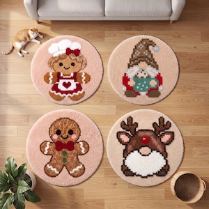 May include: Four circular tufted rugs featuring holiday designs: a gingerbread person in a chef hat, a gnome holding a mug, a gingerbread person with a red bow tie, and a reindeer gnome. Each rug has a textured, plush surface.