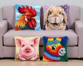 Farm Animal Latch Hook Pillow Kit Rooster Bunny Pig Donkey Easy Craft Gift