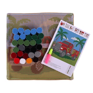 May include: A latch hook craft kit featuring a square canvas with a printed truck and palm tree design, a bundle of assorted colored yarn segments in blue, green, red, white, orange, black, and gray, and a latch hook tool with a pink and yellow handle.