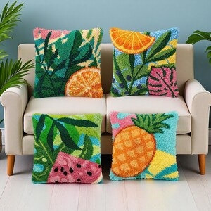 Tropical Summer Latch Hook Pillow Kit Leaf Orange Watermelon Pineapple Beginner Yarn Craft Kit